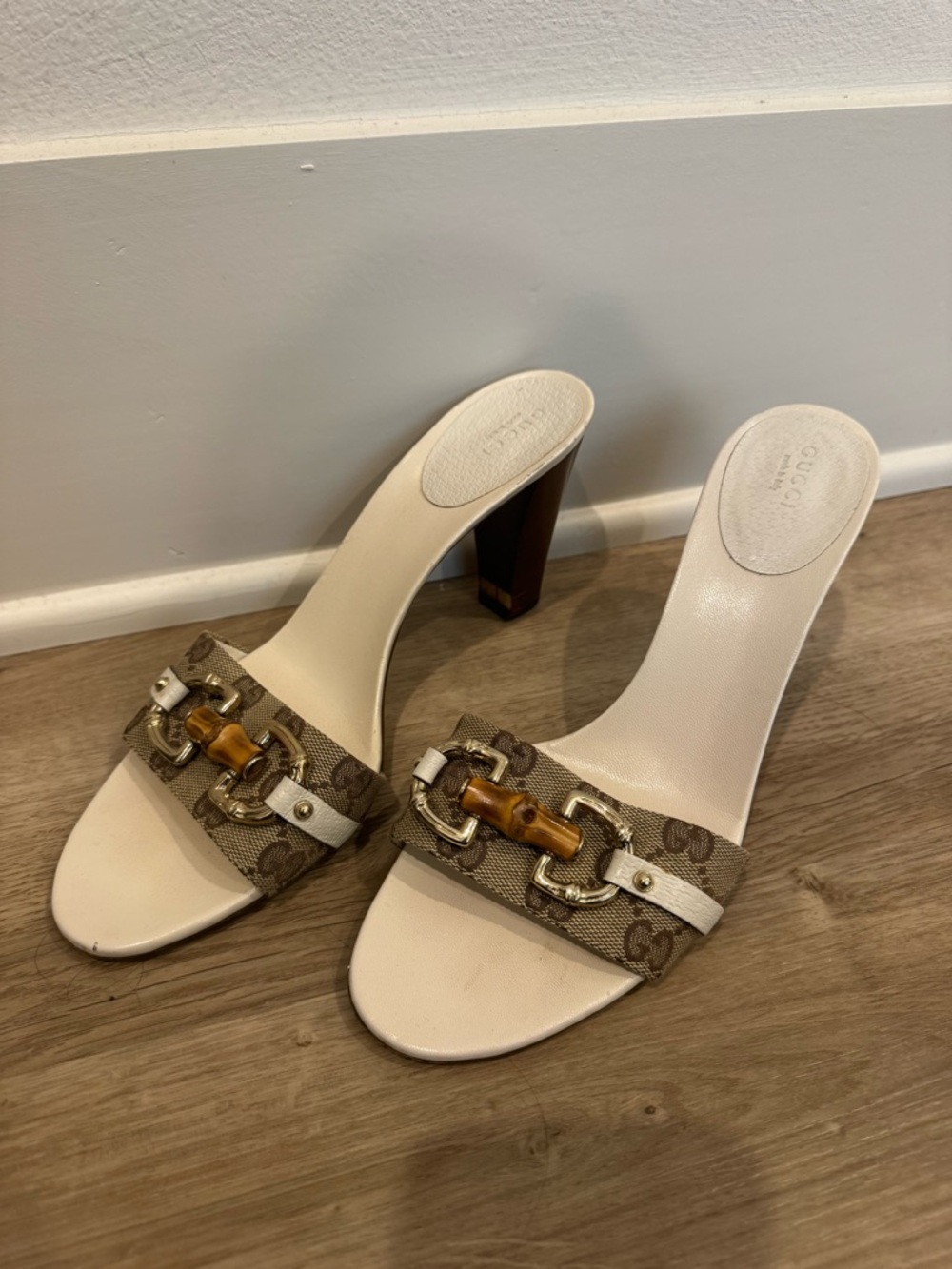Gucci Women's Beige & Brown Bamboo Accent Slide Heel Sandals